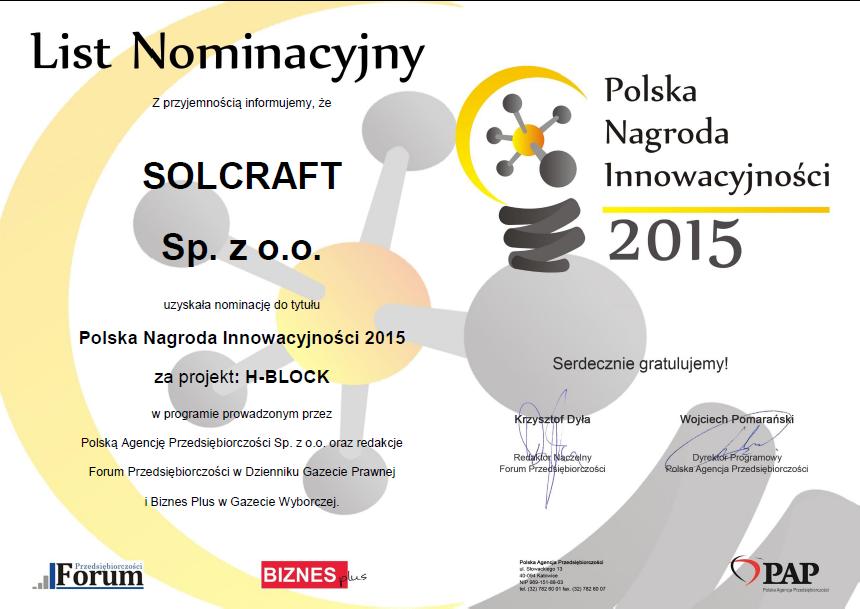 Polska Nagroda Innowacyjności 2015 - Nominacja